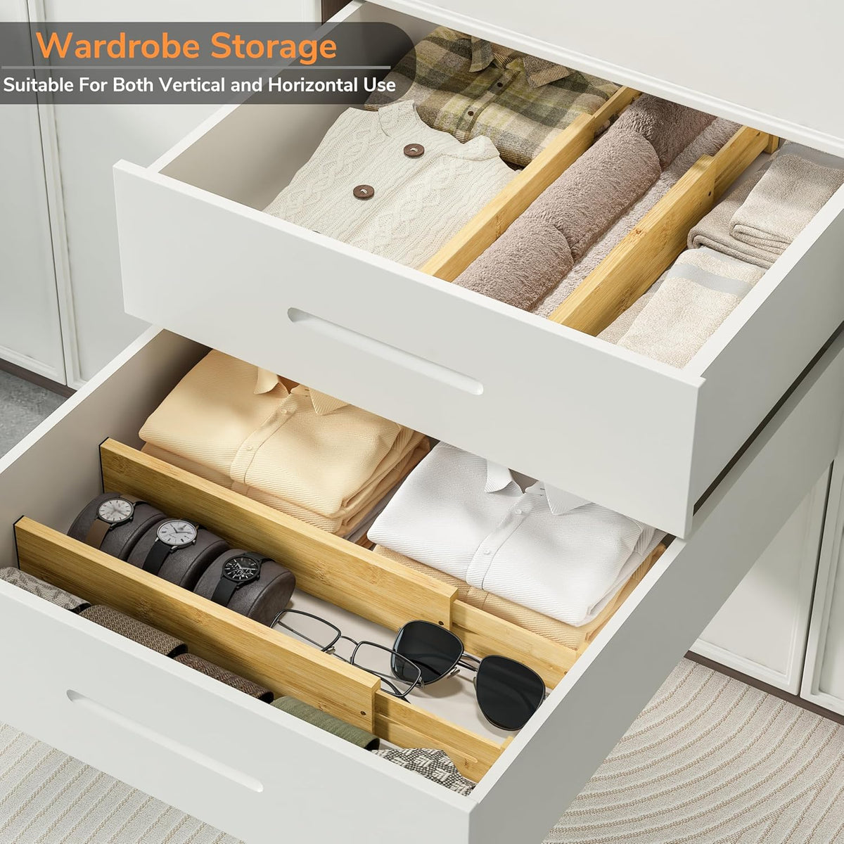 BAMEOS 3" H Bamboo Drawer Dividers - Adjustable Expandable Drawer Organizer - Kitchen, Bathroom