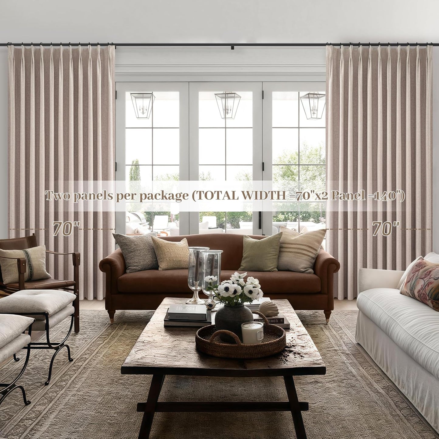 Extra Wide Linen Curtains for Living Room/Bedroom 2 Panels Set, Rustic Country Pinch Pleated