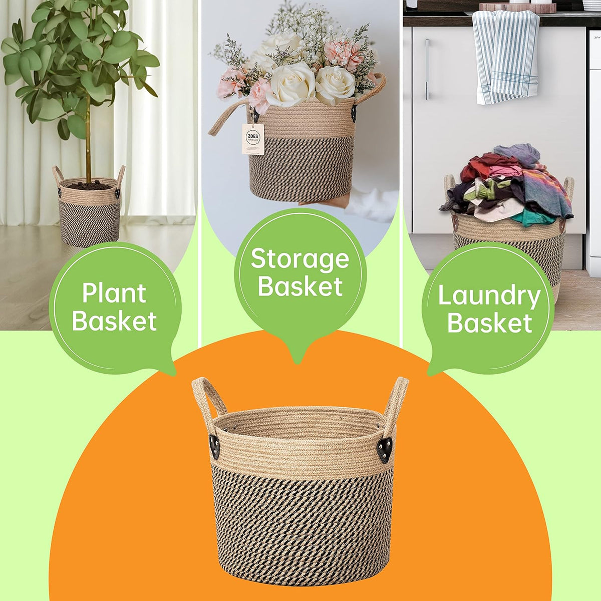 14"x12" Natural Jute Rope Woven Storage Basket with Handles for Plant, Blankets,Toys,Clothes,Shoes