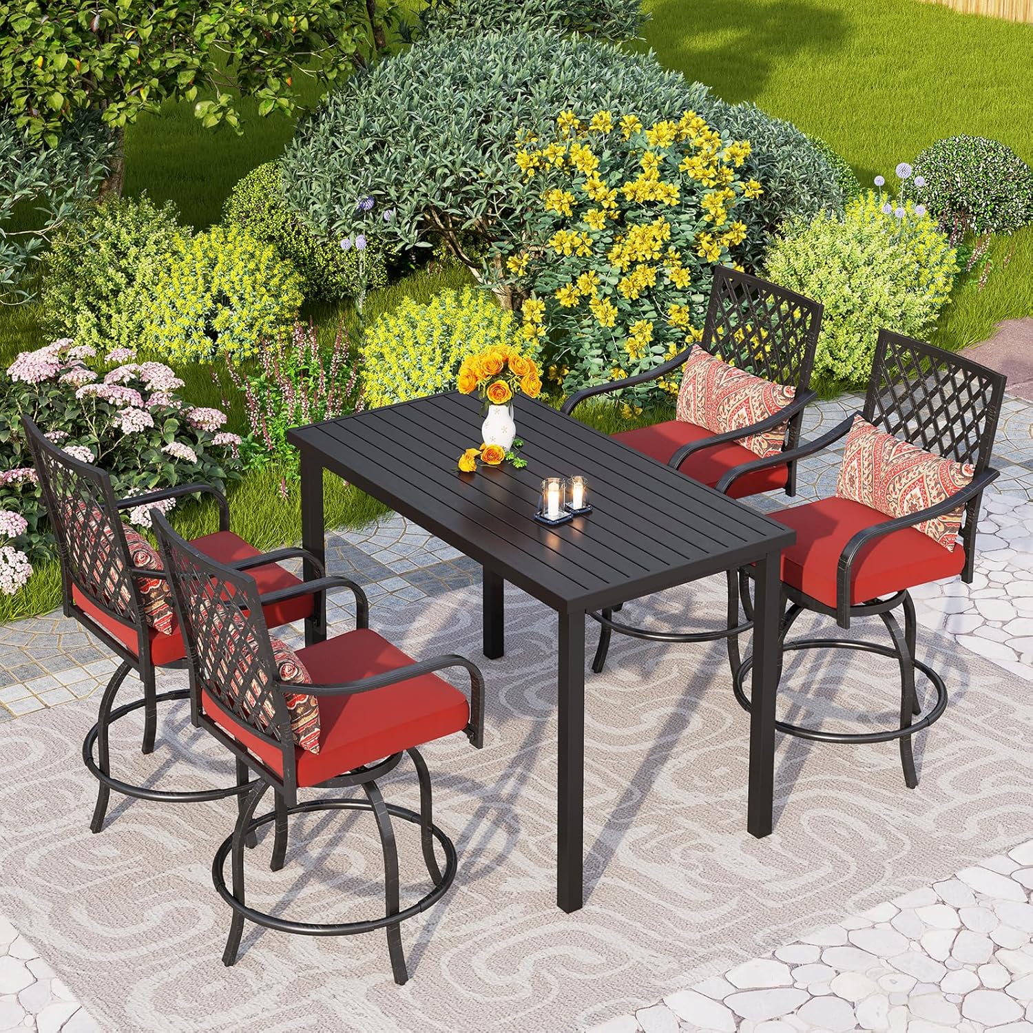 PHI VILLA 5 Piece Patio Bar Height Dining Set, 4 Outdoor Counter Height Swivel Bar Stools with Red