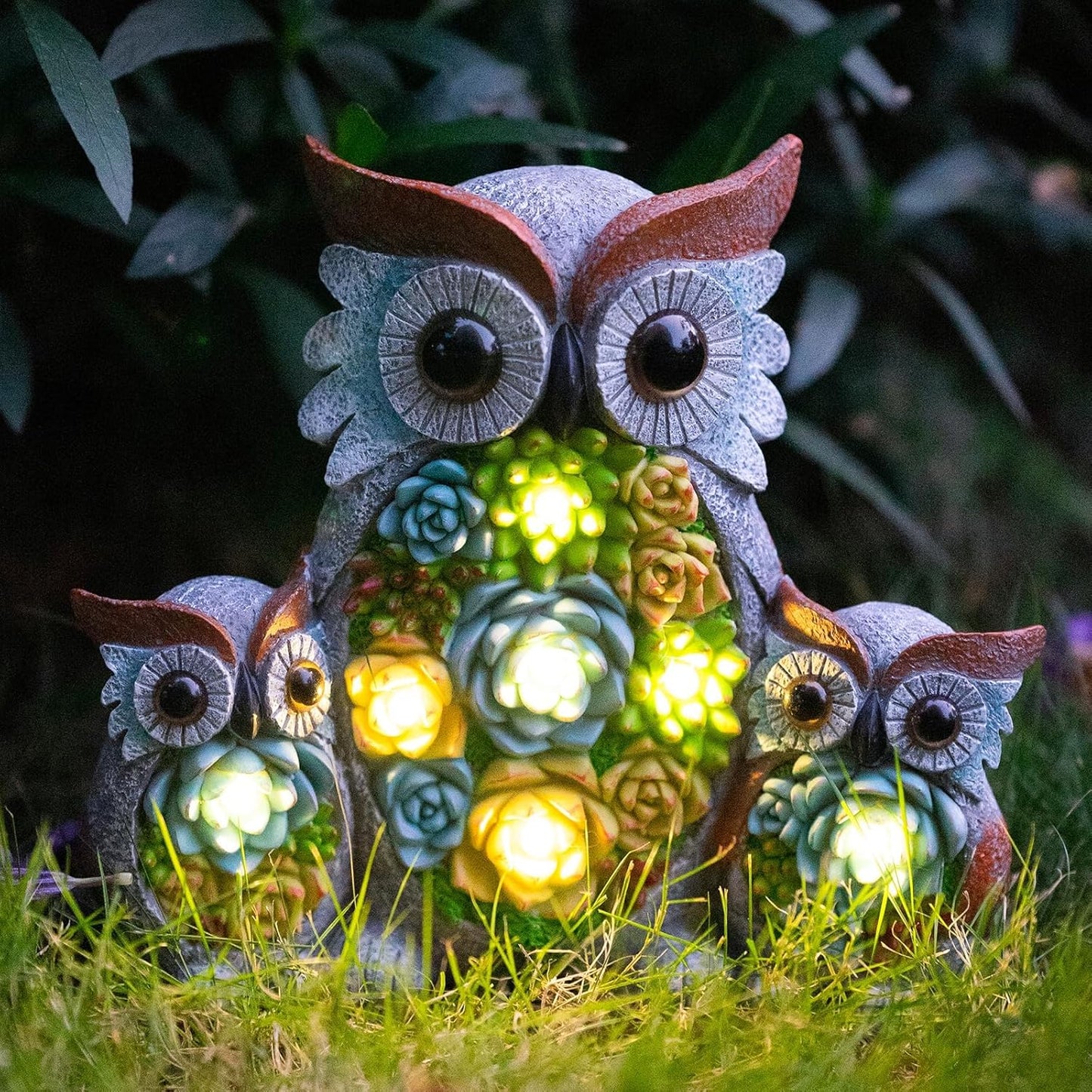 Solar Garden Statue Lights Owl Figurine with LED Lights, Outdoor Garden Succulent Ornaments