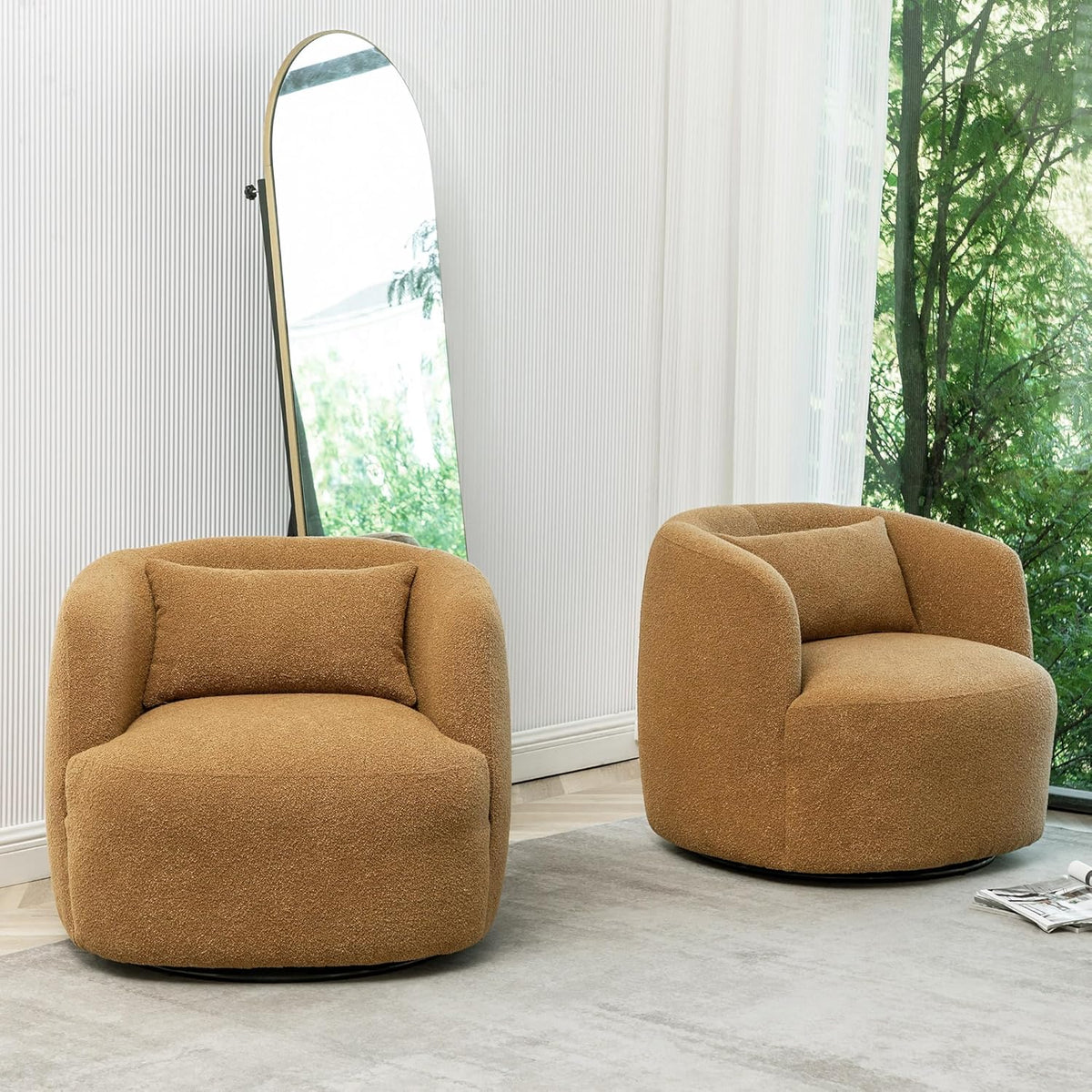 KINWELL 34" Wide Boucle Swivel Barrel Chairs Set of 2, No Assembly Round Upholstered Armchairs