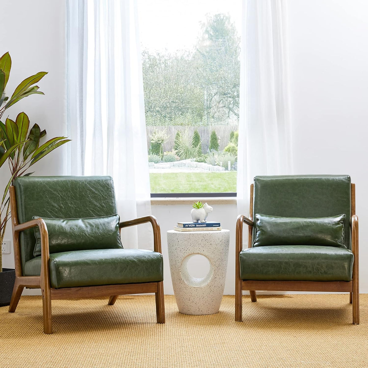 Glitzhome 2 Set Mid Century Hunter Green Accent Armchair, Single Reading Armchair PU Leather Lounge