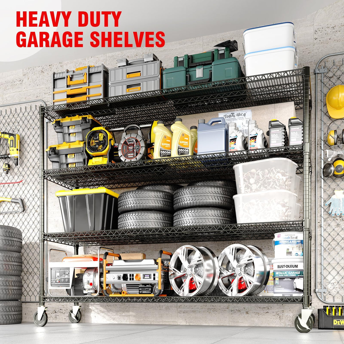 PeacefulHues 73.8" H Storage Shelves 4-Tiers Heavy Duty Shelving Unit with Wheels, 2640LBS Garage