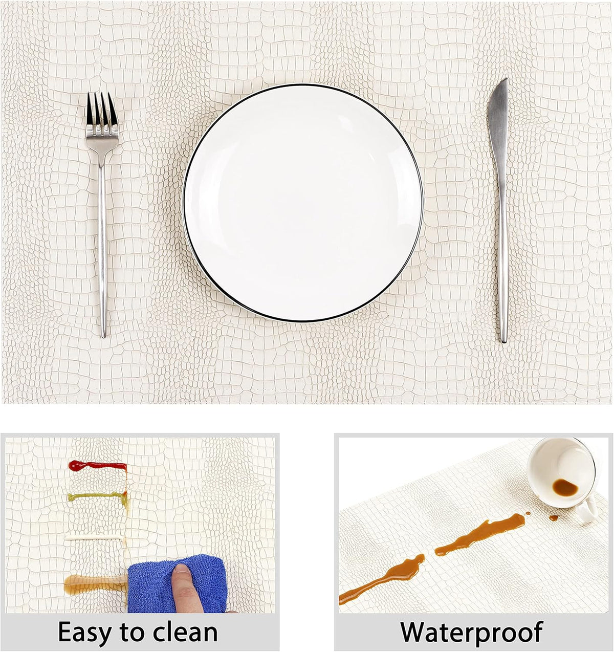 Waterproof PU Placemats, Faux Leather Hardboard Place Mats, Set of 4 Table Mats, Easy to Clean