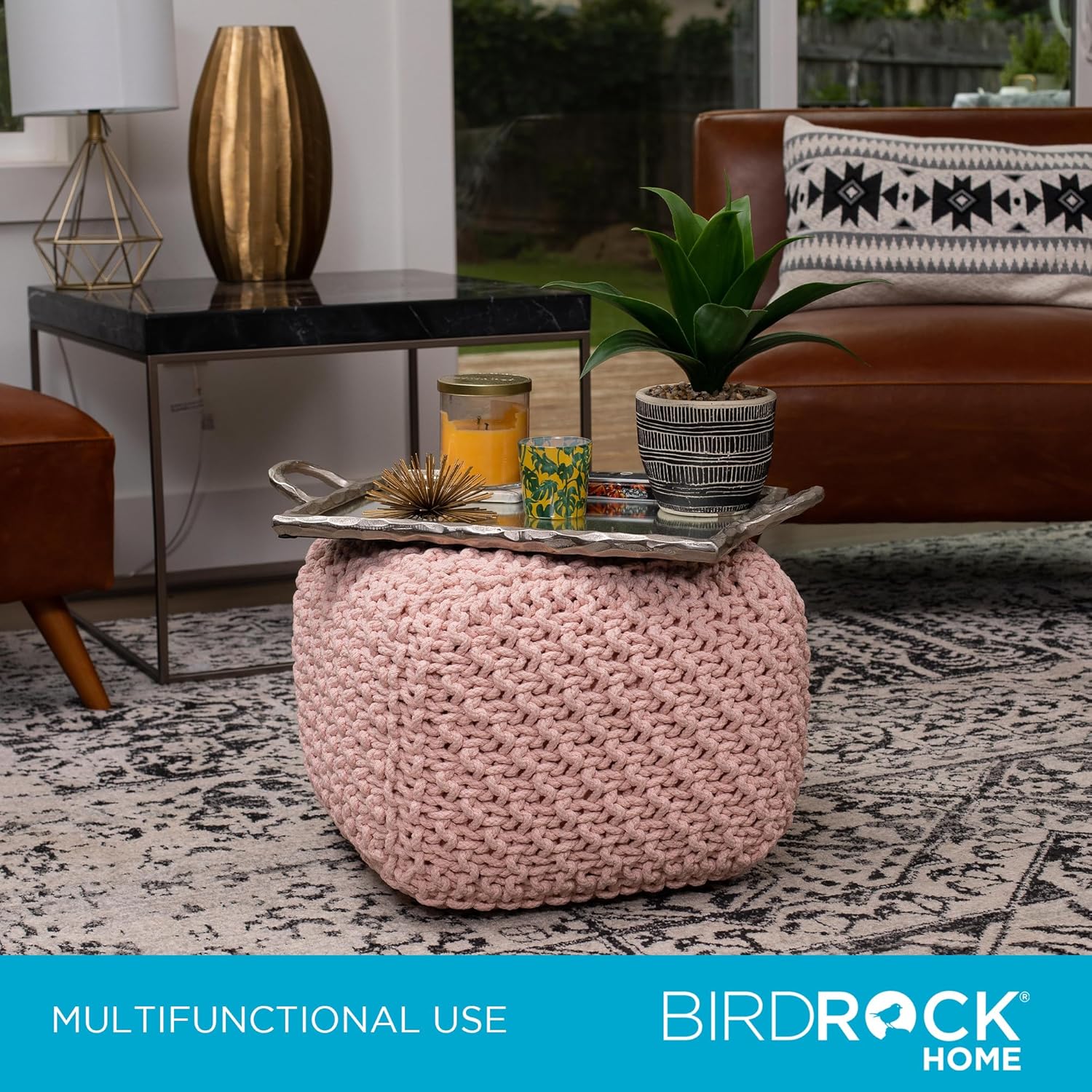 BIRDROCK HOME Square Pouf Ottoman | Cotton Braided Foot Stool with Bean Bag Filling | Boho Foot