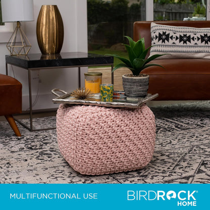 BIRDROCK HOME Square Pouf Ottoman | Cotton Braided Foot Stool with Bean Bag Filling | Boho Foot