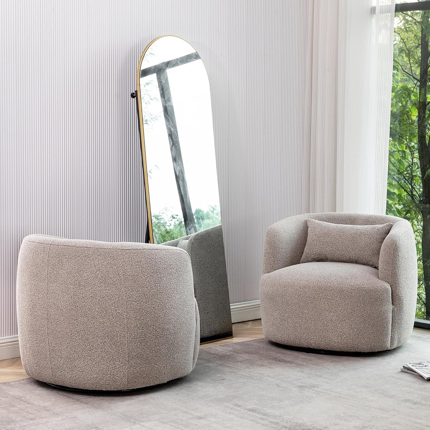 KINWELL 34" Wide Boucle Swivel Barrel Chairs Set of 2, No Assembly Round Upholstered Armchairs