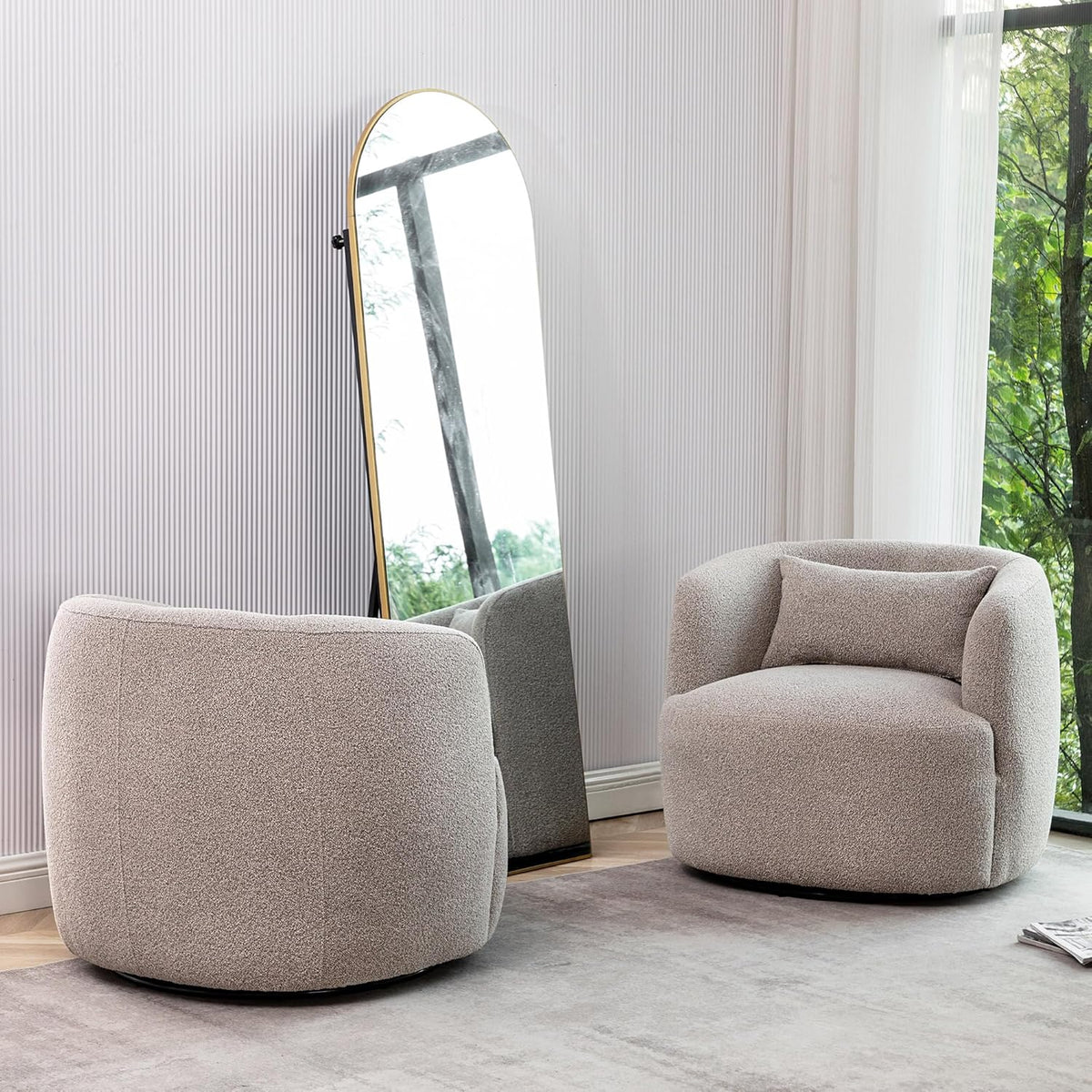 KINWELL 34" Wide Boucle Swivel Barrel Chairs Set of 2, No Assembly Round Upholstered Armchairs