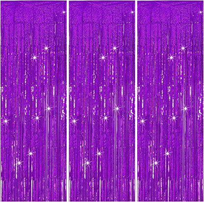 3 Pack Purple Backdrop Tinsel Streamers Foil Fringe Backdrop Halloween Party Decorations Purple