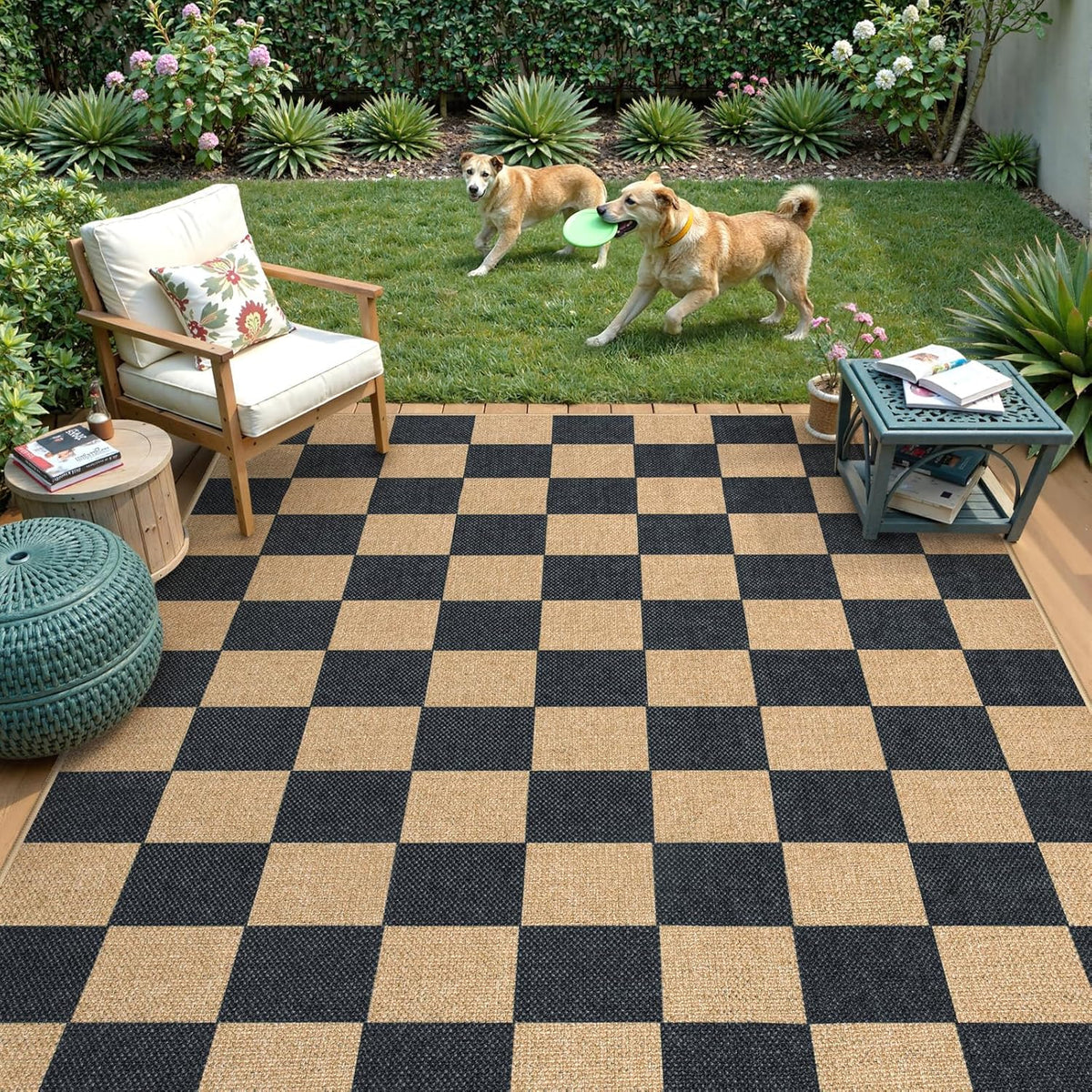 Lahome Checkered Easy Jute Area Rug, 5x7 Outdoor Patio Rug Washable Carpet for Living Room