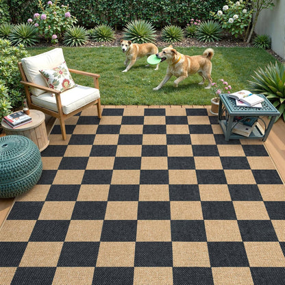 Lahome Checkered Easy Jute Area Rug, 5x7 Outdoor Patio Rug Washable Carpet for Living Room