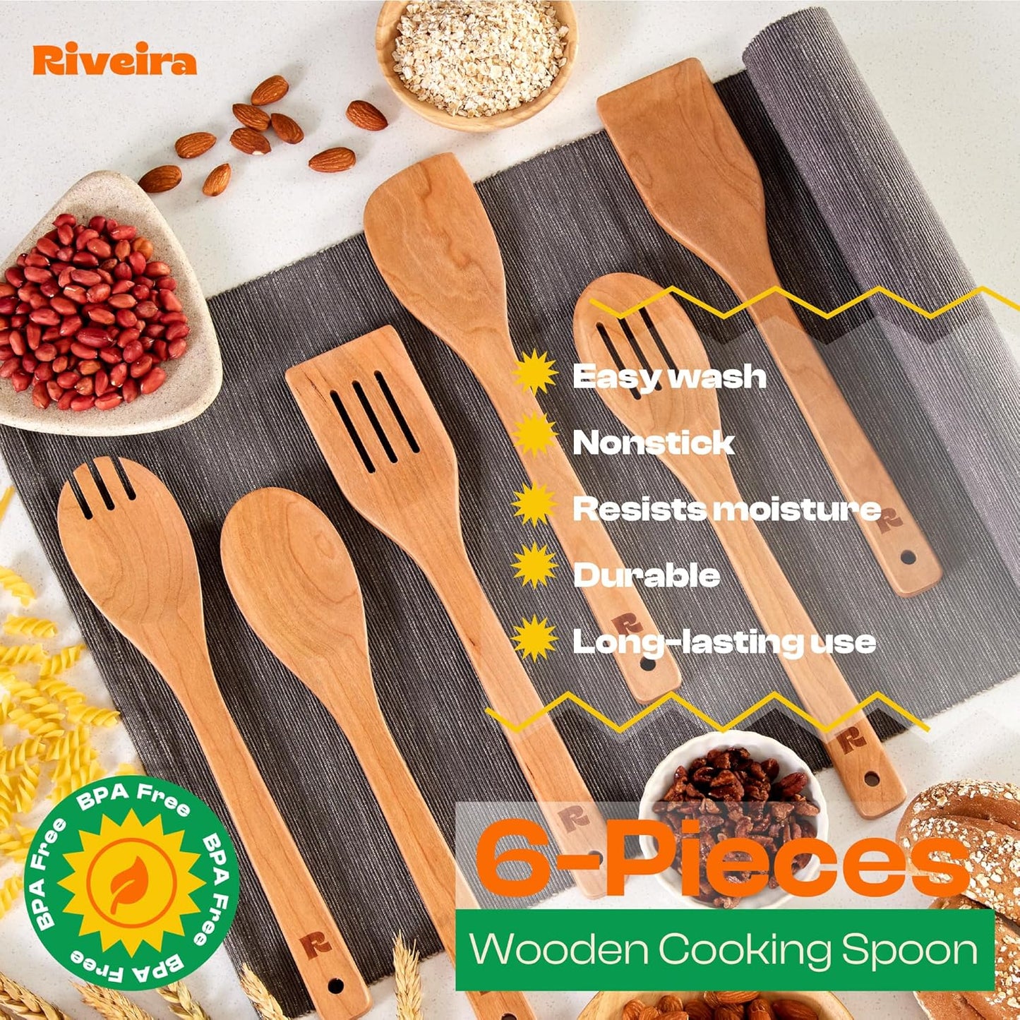 Riveira Cherry Wooden Spoons for Cooking Set of 6 – Natural Cherry Wooden Cooking Utensils, Wooden