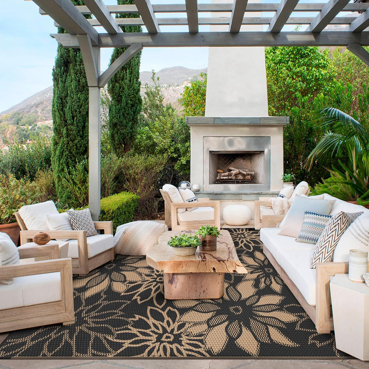 GENIMO Outdoor Rug Waterproof for Patio Decor, 9' x 12' Reversible Plastic Straw Floral Camping