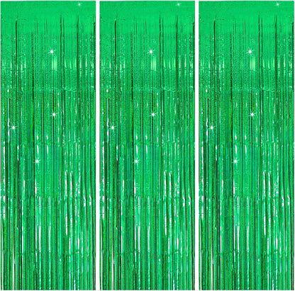 3 Pack Green Streamers Backdrop Jungle Party Decorations Foil Fringe Backdrop Curtains Photo Booth