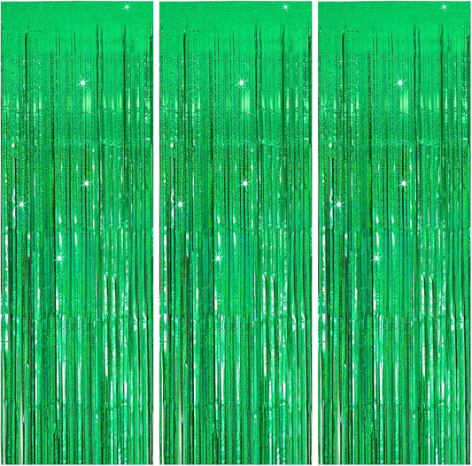 3 Pack Green Streamers Backdrop Jungle Party Decorations Foil Fringe Backdrop Curtains Photo Booth