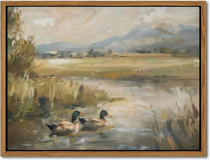 Floating Framed Canvas Wall Art, Vintage Mallard Duck Oil Paintings Print, Countryside Art Wildlife