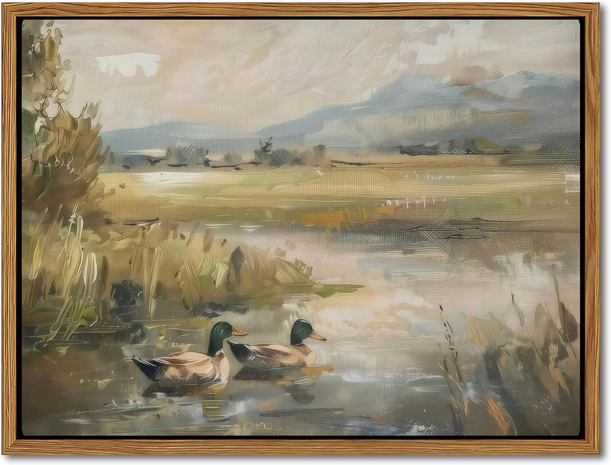 Floating Framed Canvas Wall Art, Vintage Mallard Duck Oil Paintings Print, Countryside Art Wildlife