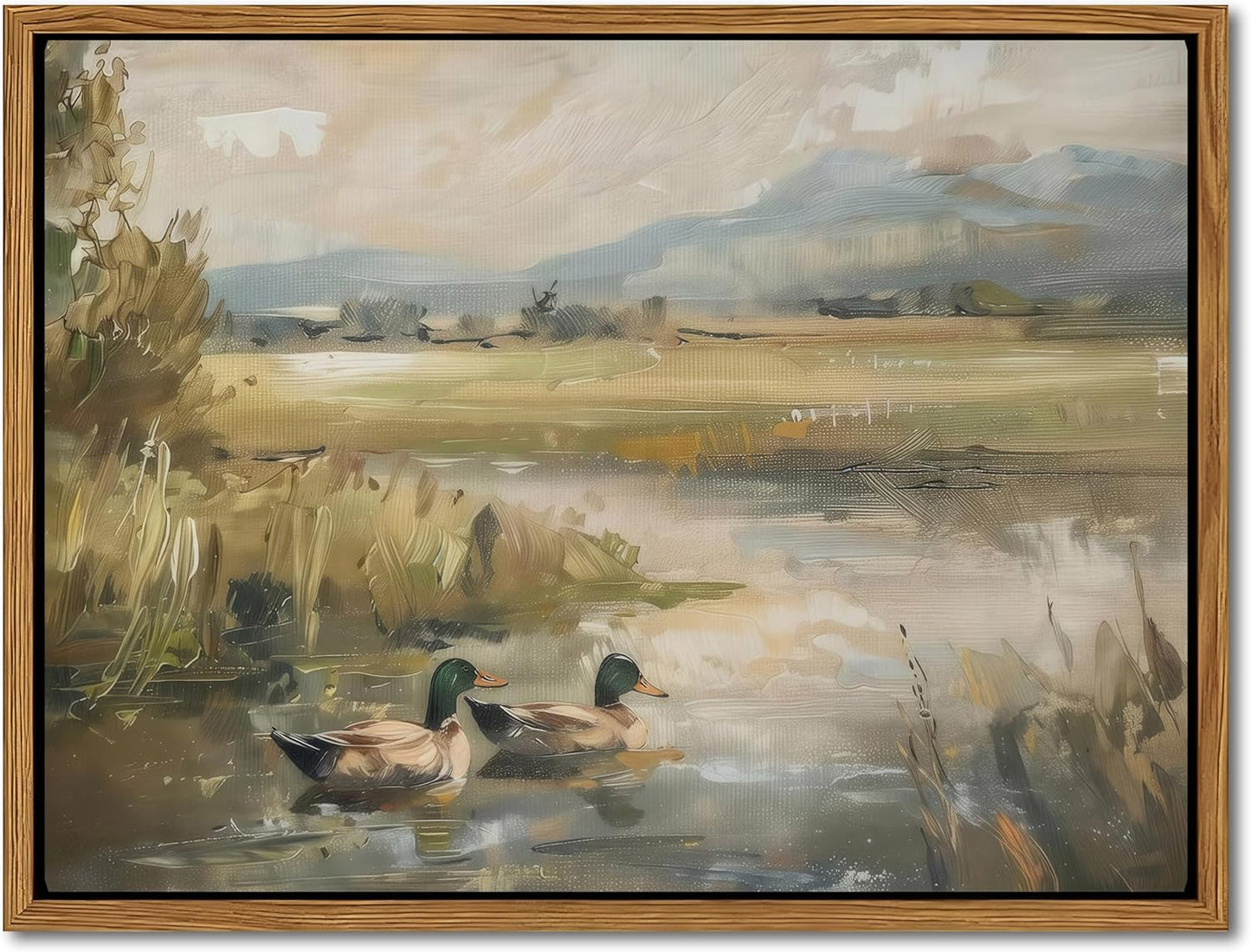 Floating Framed Canvas Wall Art, Vintage Mallard Duck Oil Paintings Print, Countryside Art Wildlife
