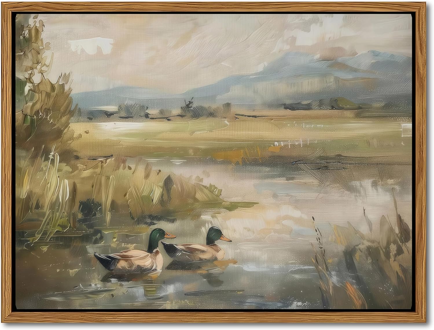 Floating Framed Canvas Wall Art, Vintage Mallard Duck Oil Paintings Print, Countryside Art Wildlife