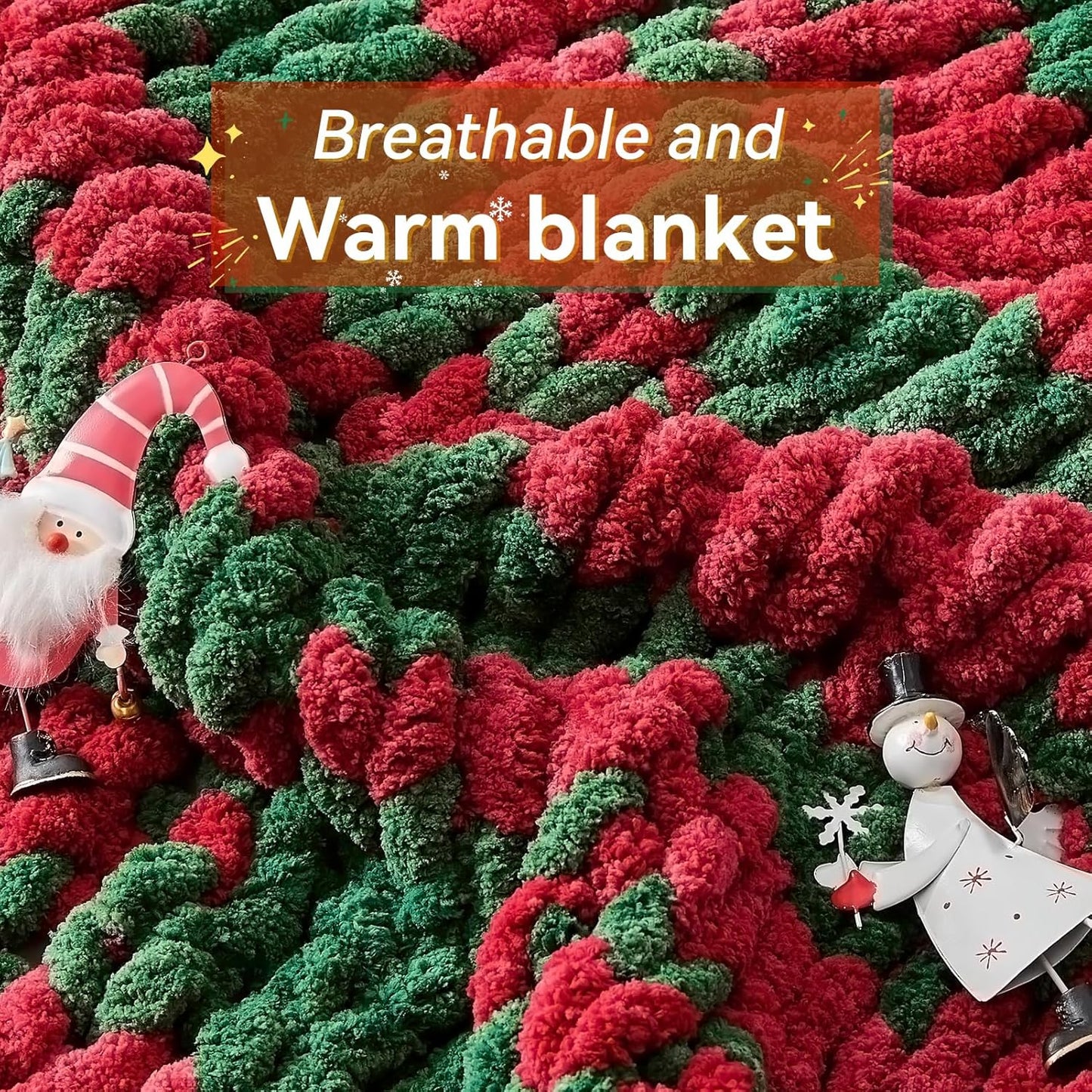 Chunky Knit Throw Blanket, 50''*60'' Knitted Throw Chenille Yarn for Bed Couch, Handmade Stripe