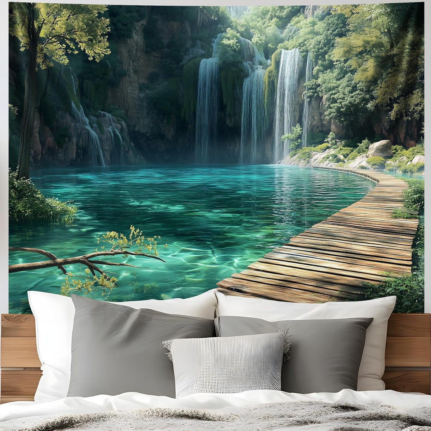 BSFHH Nature Tapestry Forest Tree Sea Cave Wall Hanging, Stream Through Rainforest Landscape Wall