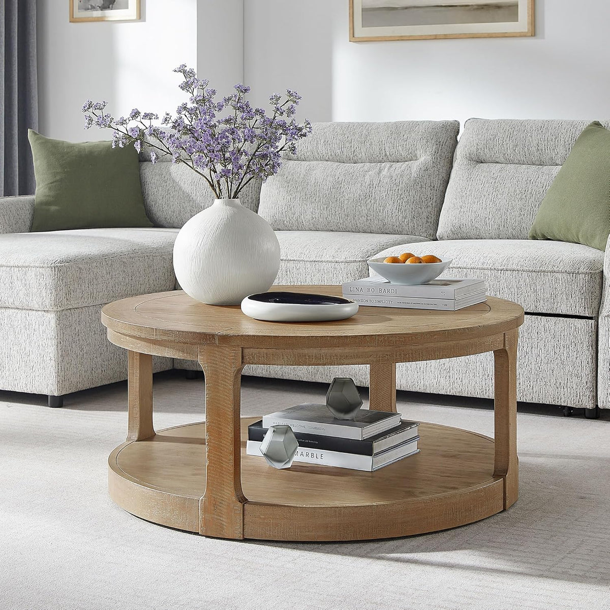 WILLIAMSPACE 40" Round Coffee Table with Wheels, Circle 2 Tier Solid Wood Center Coffee Table, Mid