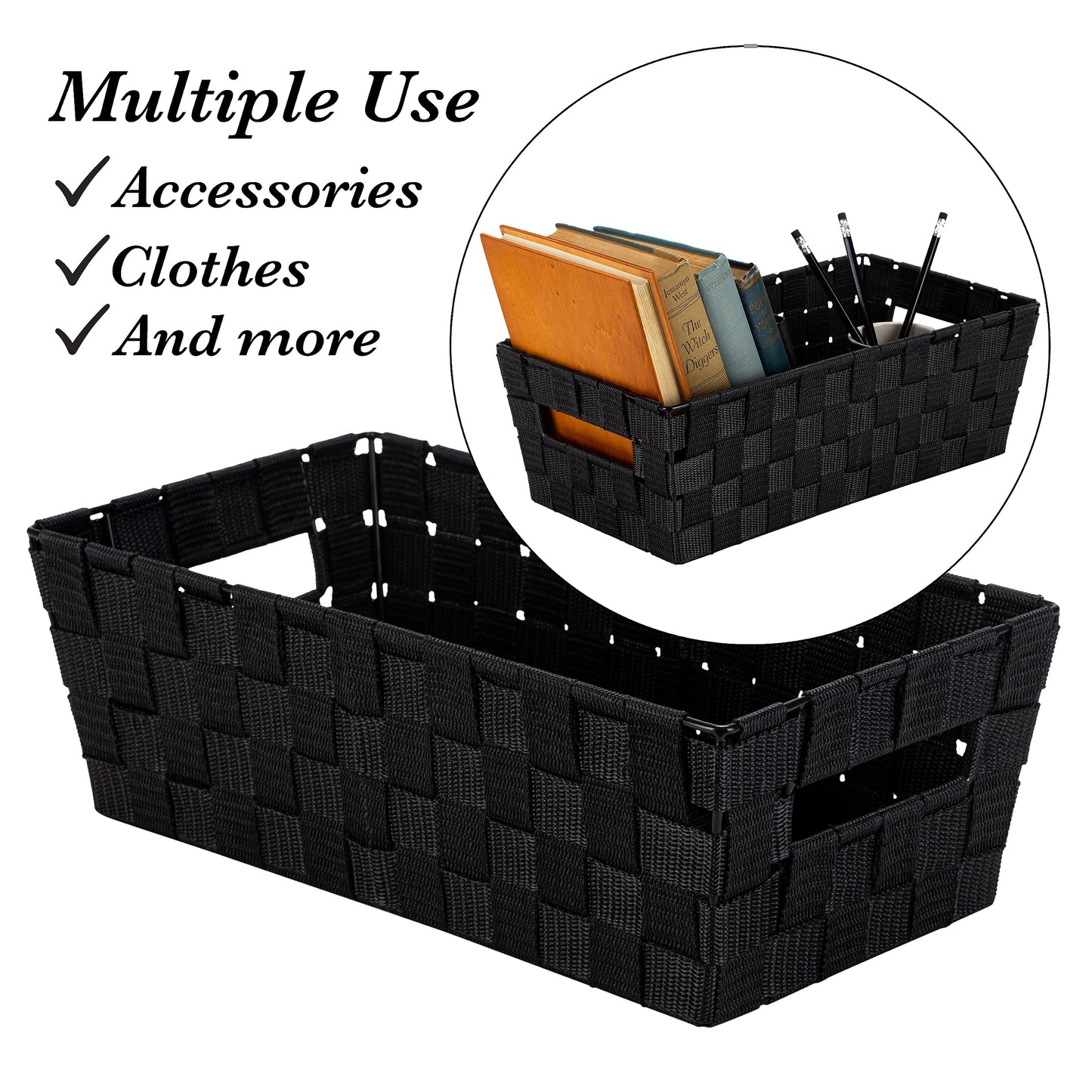 Simplify Extra Long Shelf Woven Strap Tote | Decorative Storage Basket | Built in Handles |