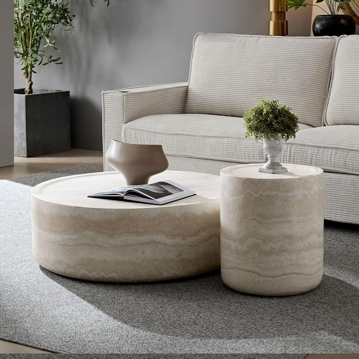Coffee Table and Side Table Set, Round Faux Marble Coffee Table Set of 2 for Living Room, Luxury