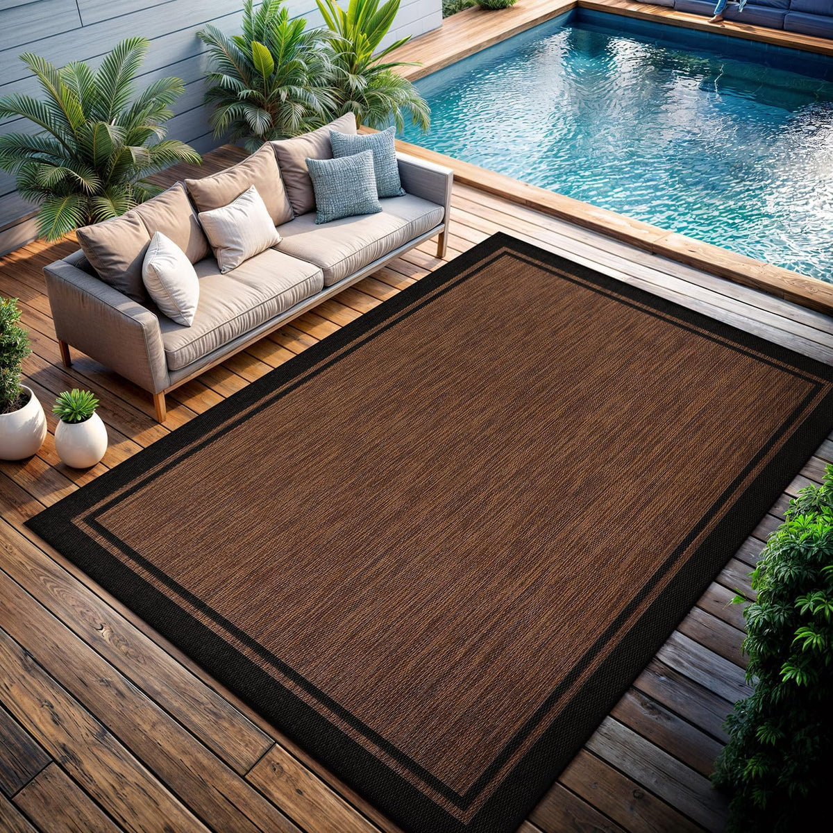 CAMILSON Indoor Outdoor Rug, 10x14 Bordered Nut Brown Black Modern Area Rugs for Indoor and Outdoor