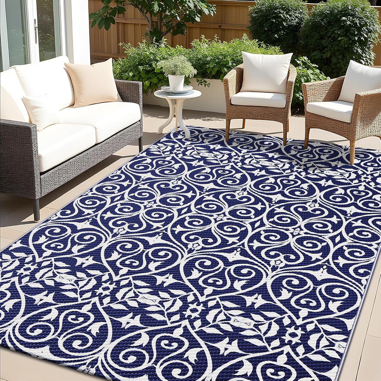 OLANLY Outdoor Rug Waterproof 5x8 ft Clearance, Reversible Outdoor Plastic Straw Rug with Floral
