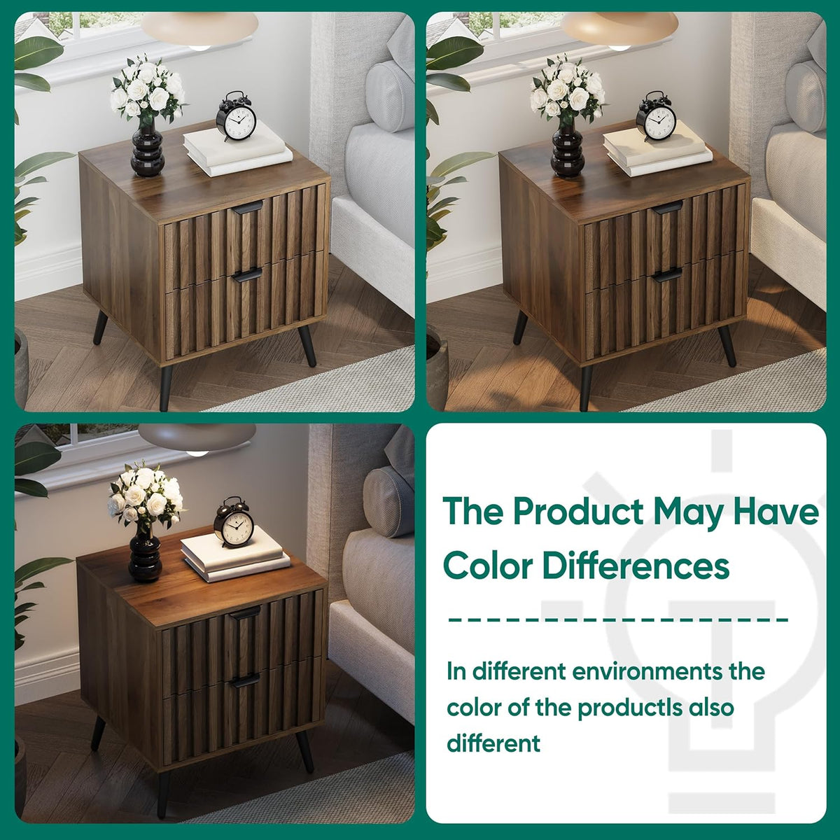 Smuxee Walnut Wooden Night Stand, Mid Century Nightstand with 2 Fluted Drawers, Bedside Table with