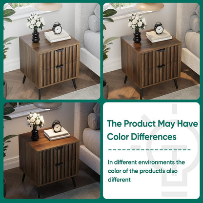 Smuxee Walnut Wooden Night Stand, Mid Century Nightstand with 2 Fluted Drawers, Bedside Table with