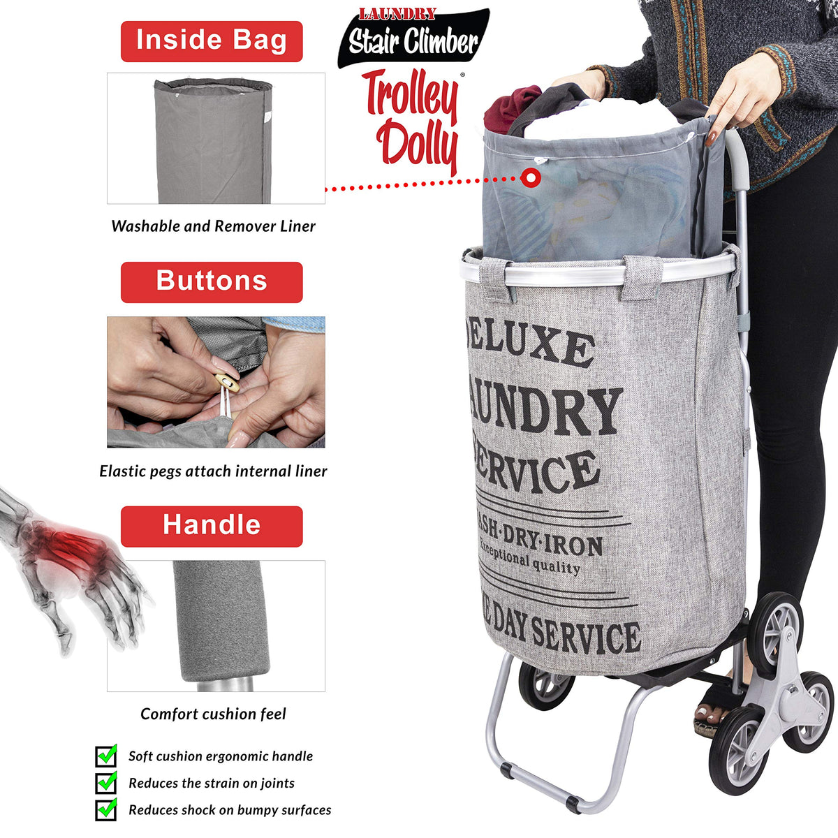 dbest products Stair Climber Laundry Trolley Dolly, Grey Laundry Bag Hamper Basket cart with wheels