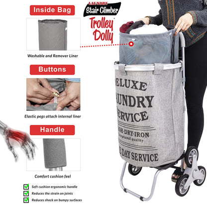 dbest products Stair Climber Laundry Trolley Dolly, Grey Laundry Bag Hamper Basket cart with wheels