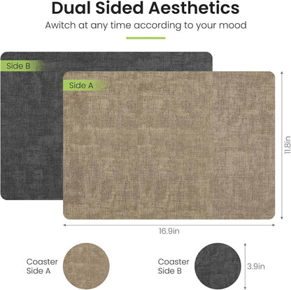 Faux Leather Dual Sided Placemats Set of 6, Square Non-Slip Heat Resistant Placemats with Coaster