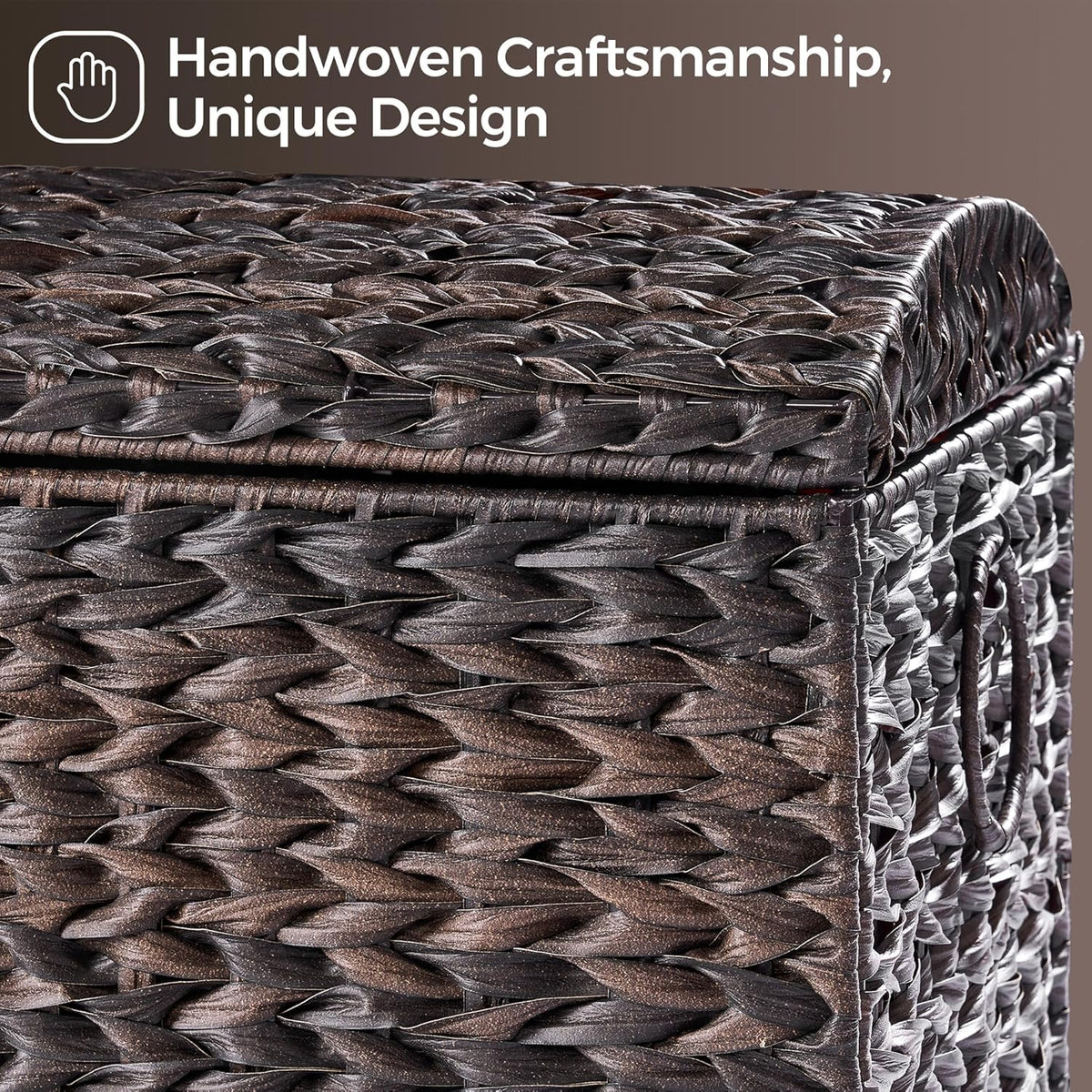 Handwoven Storage Basket with Lid, 178L Plastic Rattan Storage Bin, Leather Buckle & Metal Frame