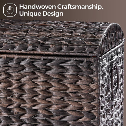 Handwoven Storage Basket with Lid, 178L Plastic Rattan Storage Bin, Leather Buckle & Metal Frame