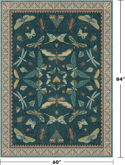 Insect Teal Green 5x7 Area Rug for Living Room - Cottage Core Rug for Bedroom, Dining Room, Kids