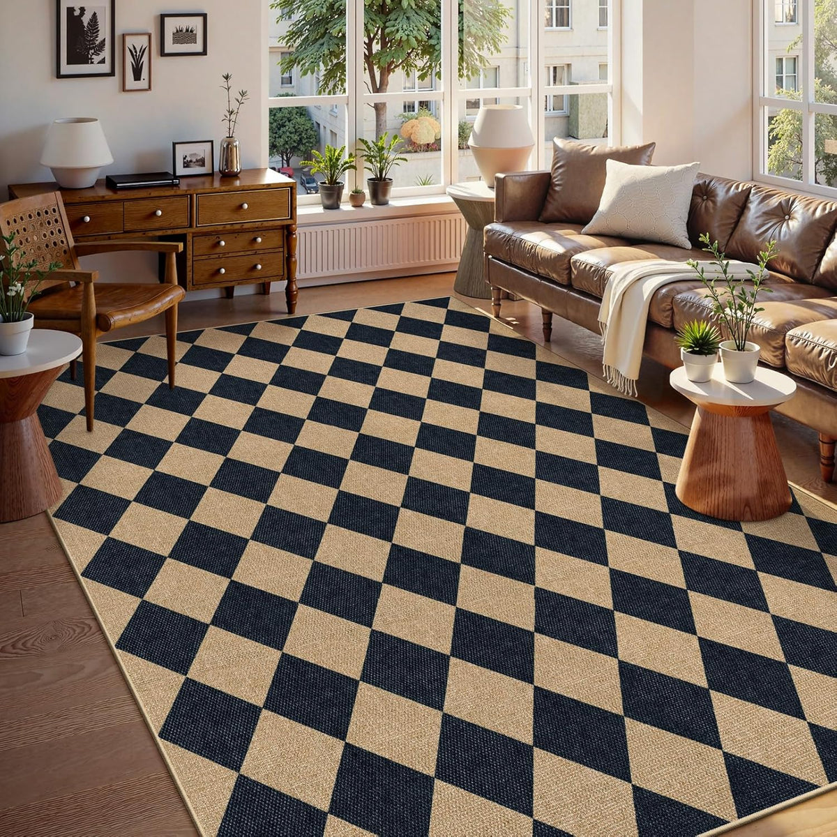 Lahome Checkered Easy Jute Area Rug 8x10, Large Living Room Patio Rug Checkerboard Indoor Outdoor