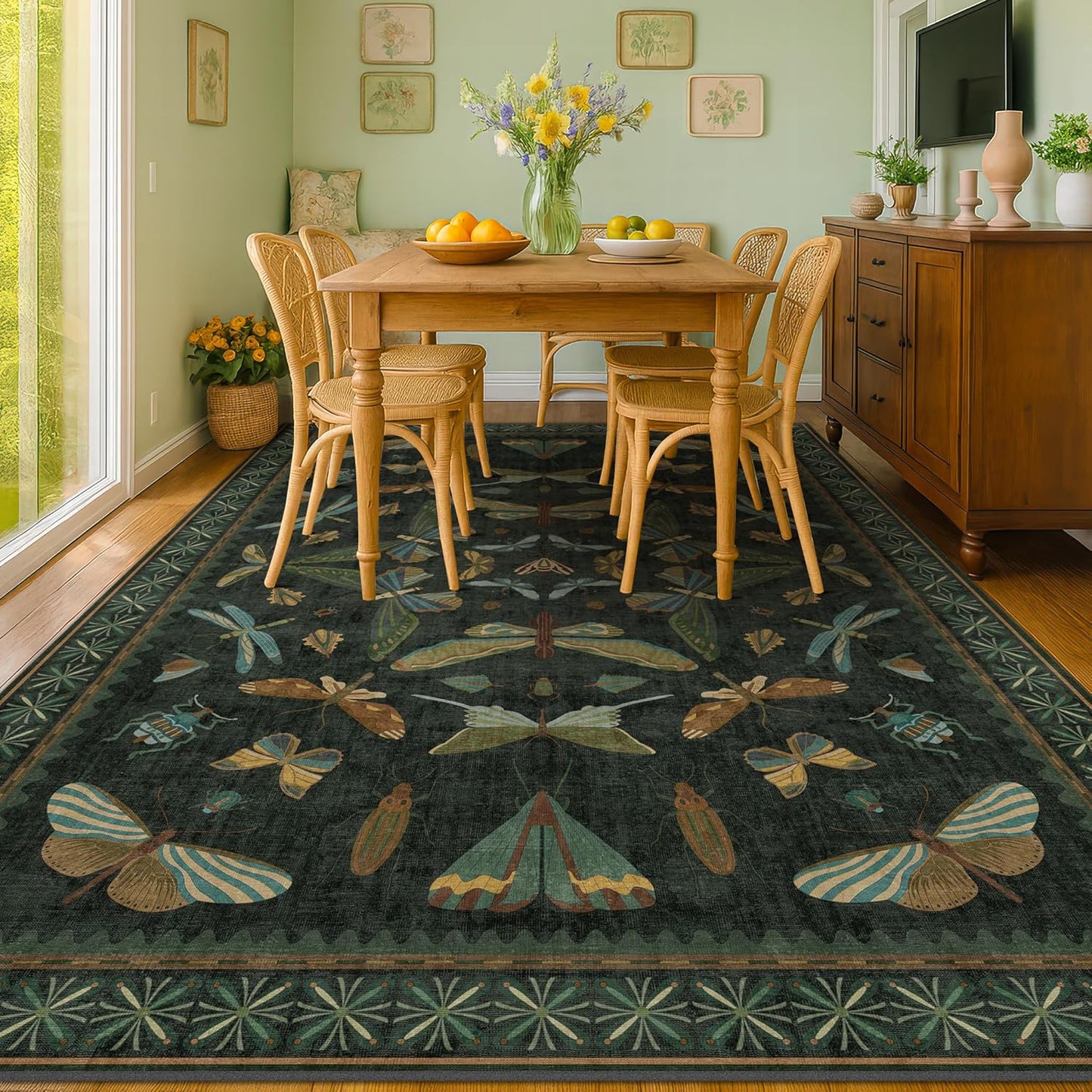 6x9 Dark Green Area Rugs for Dining Room - Rugs for Living Room, Bedroom Under Bed, Insect Moth