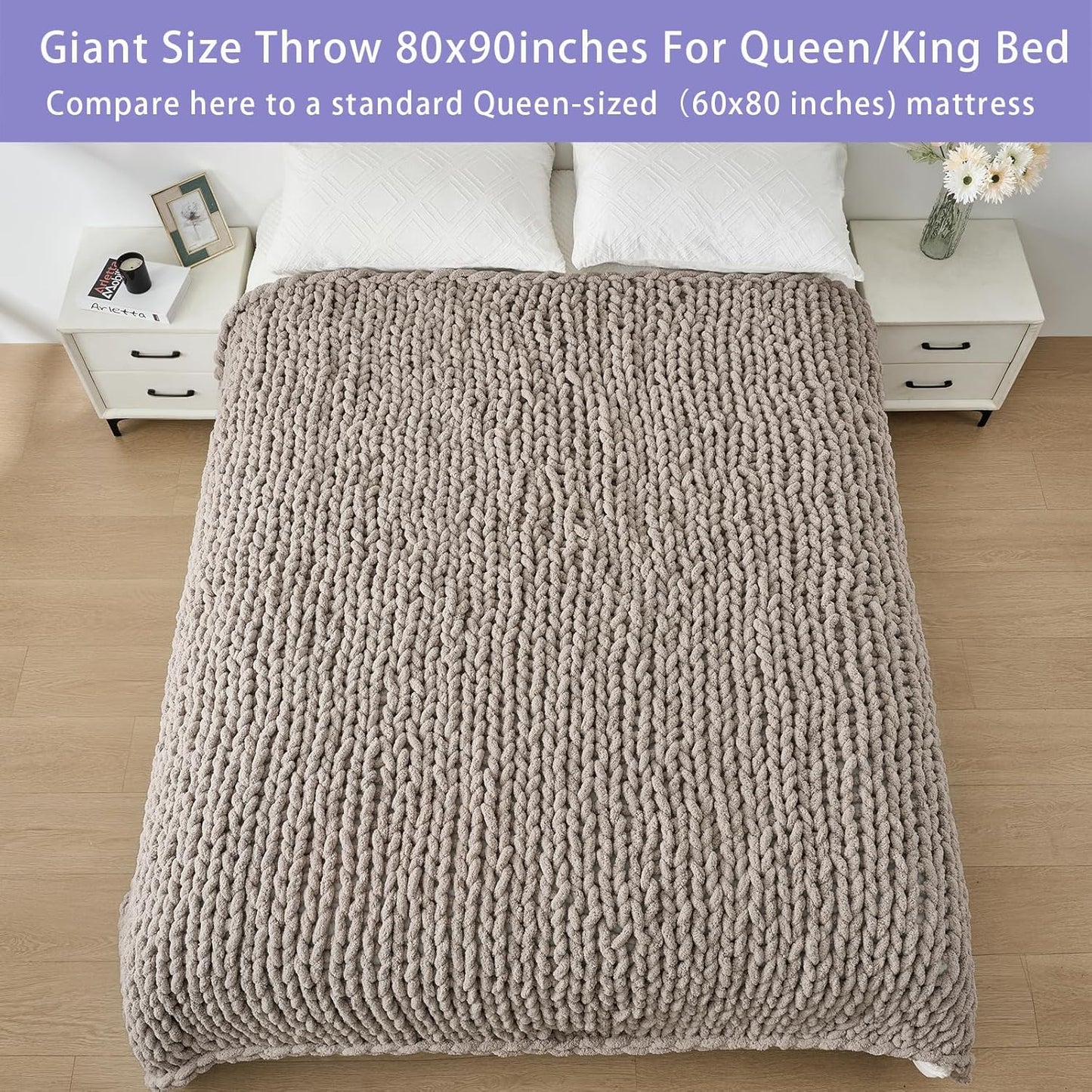 Bigacogo Chunky Knit Throw Blanket for Couch, 80x90 inches, 100% Hand Knitted with Thick Jumbo