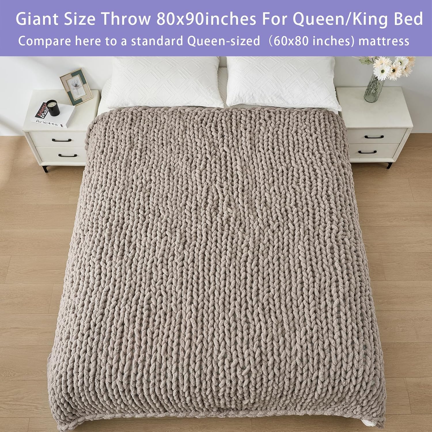 Bigacogo Chunky Knit Throw Blanket for Couch, 80x90 inches, 100% Hand Knitted with Thick Jumbo
