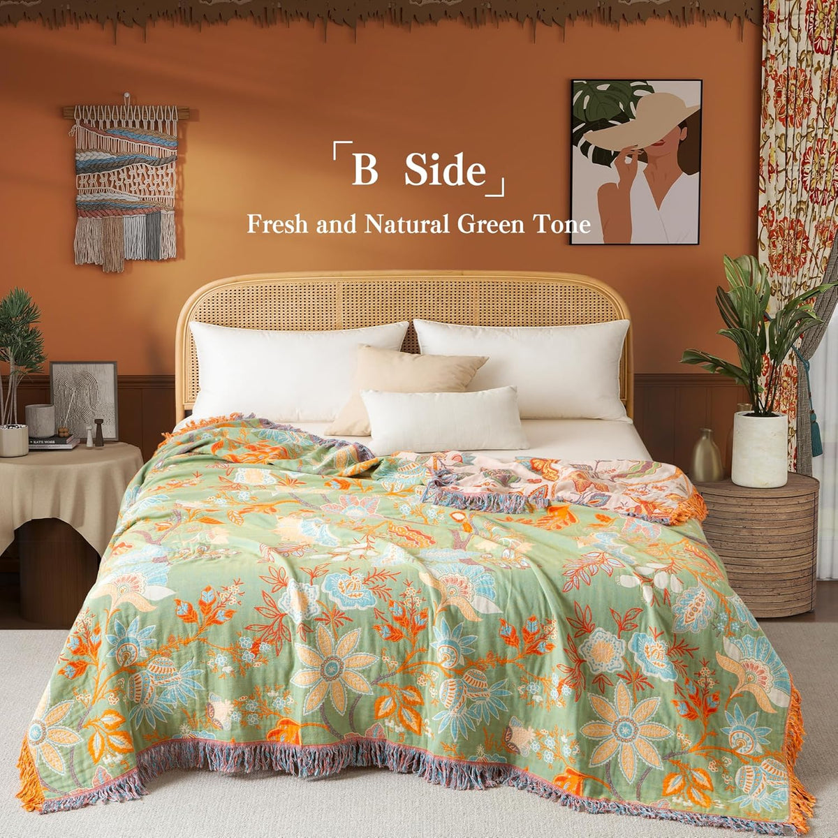 Boho Throw Blanket Full Size, Soft Cozy Cotton Muslin Quilt Blanket for Bed Decor, Floral Patterned
