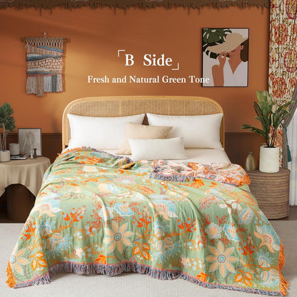 Boho Throw Blanket Queen Size, Soft Cozy Cotton Muslin Quilt Blanket for Bed Decor, Floral