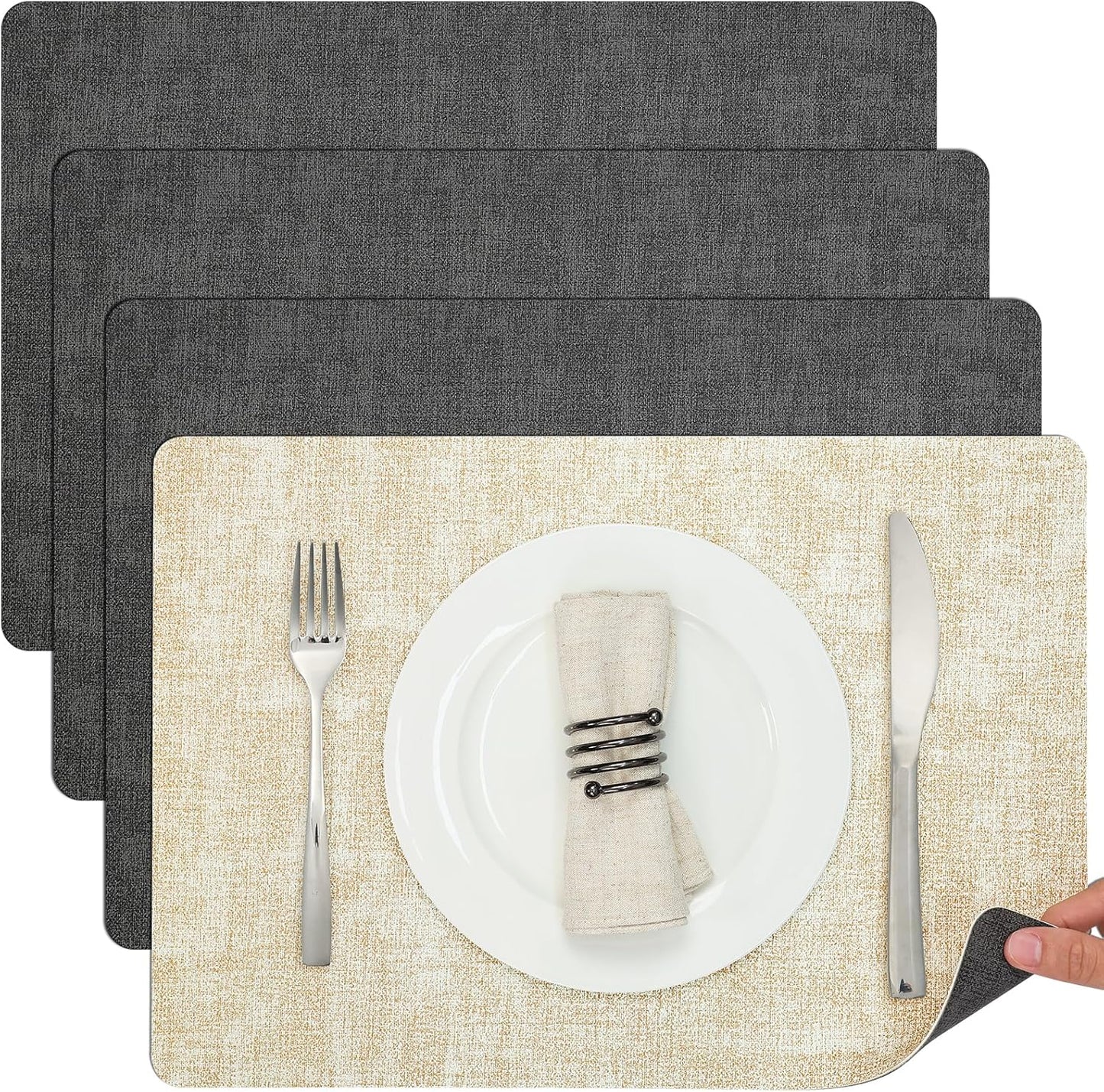 Myir JUN Dual Sided Placemats, Faux Leather Set of 4 for Dining Table Indoor Outdoor, Square