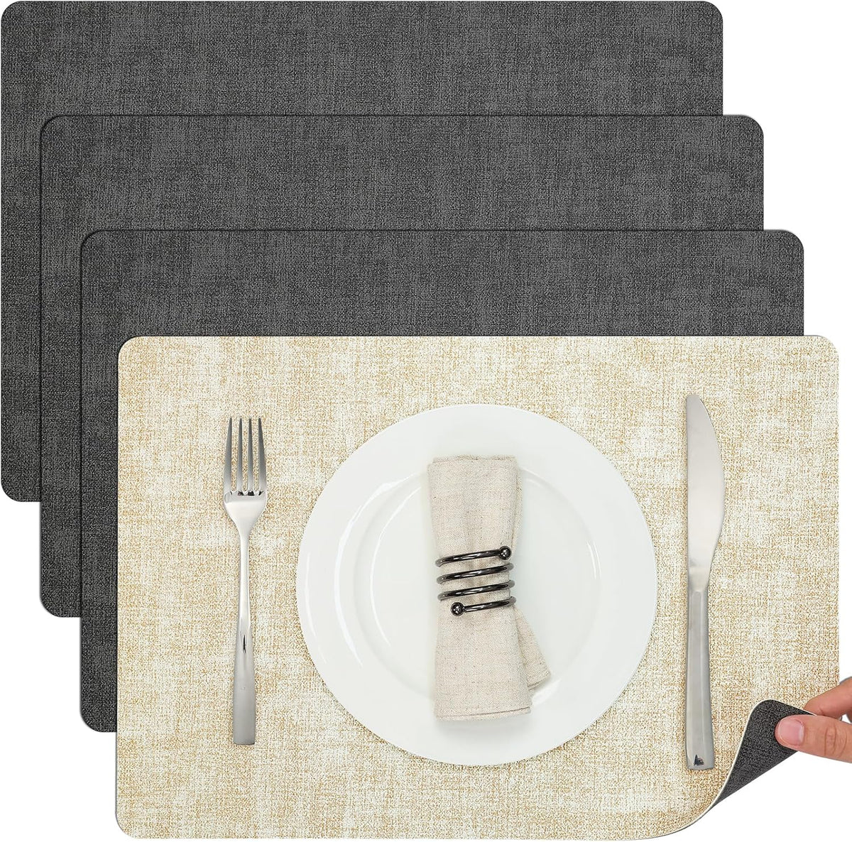 Myir JUN Dual Sided Placemats, Faux Leather Set of 4 for Dining Table Indoor Outdoor, Square