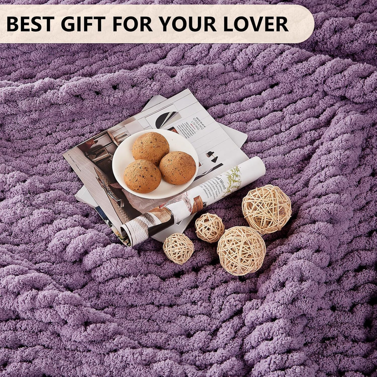 L'AGRATY Chunky Knit Blanket Throw: 60''x80'' Chenille Chunky Knitted Throw Blanket for Bed Couch