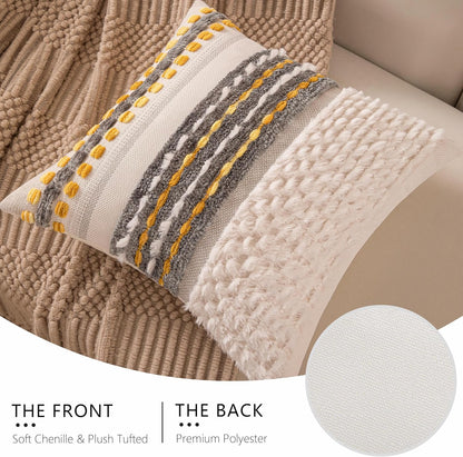 Boho Chenille Tufted Couch Throw Pillow Covers 18x18 Inch Set of 2 Farmhouse Striped Decorative