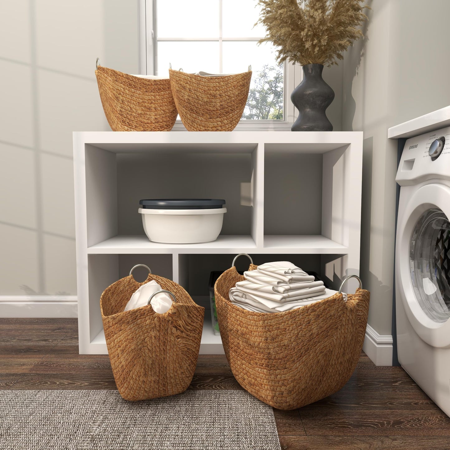 Deco 79 Seagrass Handmade Decorative and Functional Storage Basket Woven Curved Basket Organizer